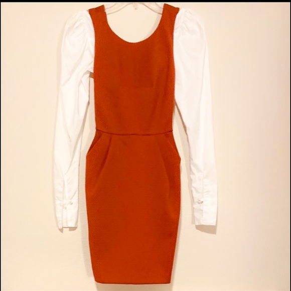 🍁 Forever 21 Contemporary 🍁 Burnt Orange Waffle Knit Bib Pleat Mini Dress Sz S - Picture 2 of 10